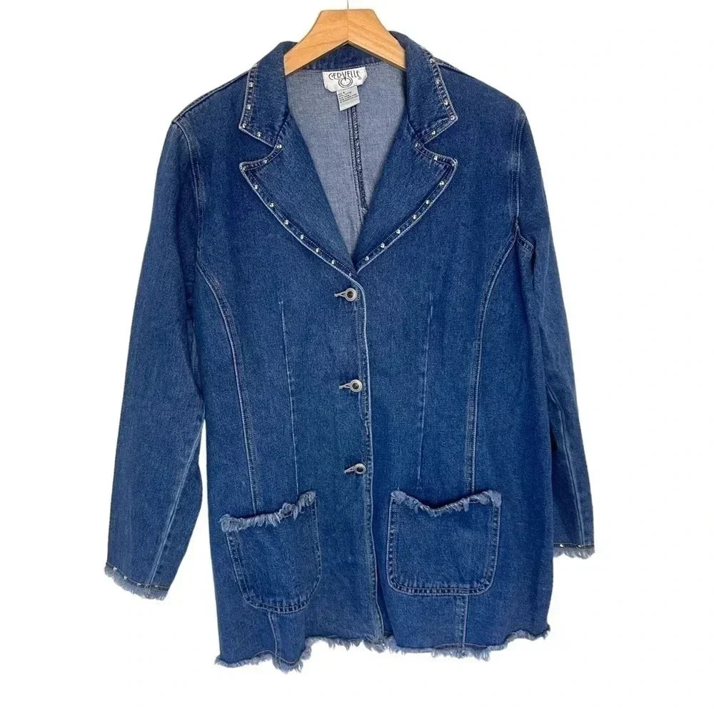 Vintage Cervelle S blue jean blazer jacket frayed trim &‎ rivets Y2K Boho Chic